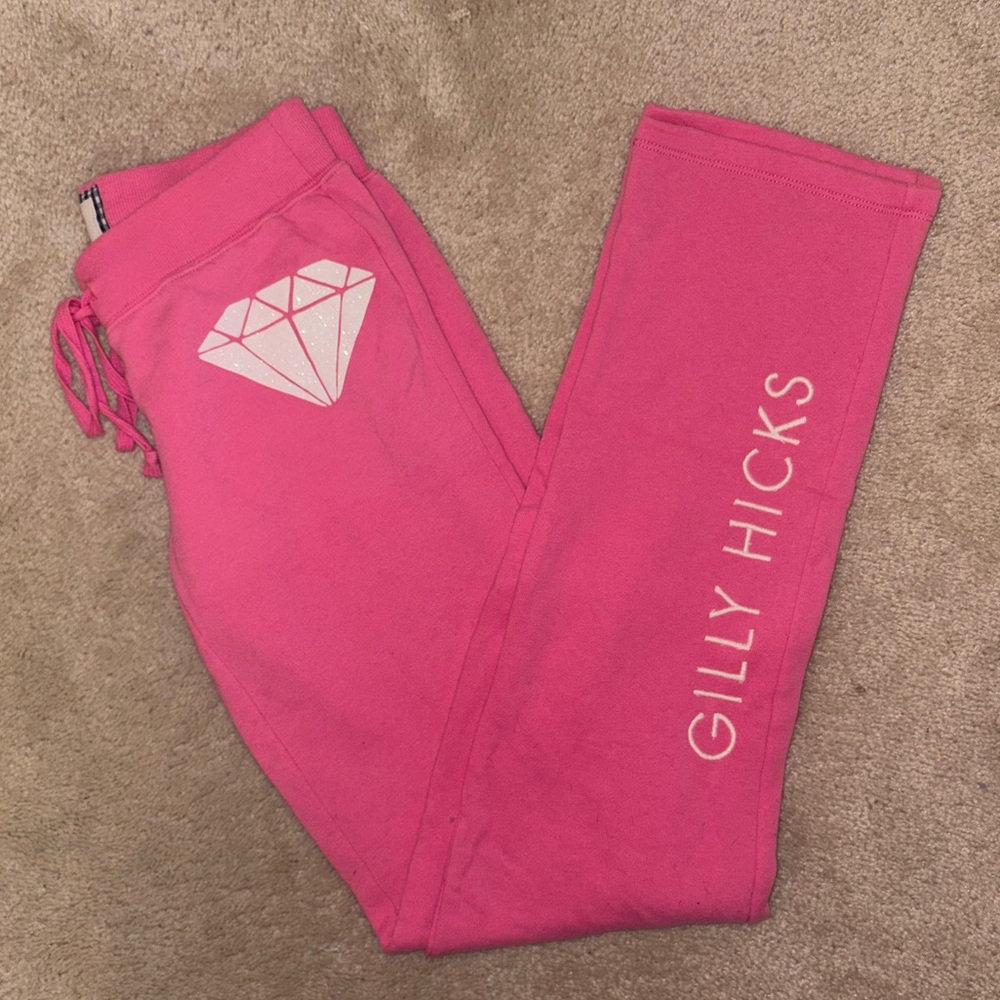 Y2K GILLY HICKS SWEATPANTS PINK DIAMOND SPARKLE STRAIGHT LEG LOGO PREPPY XS